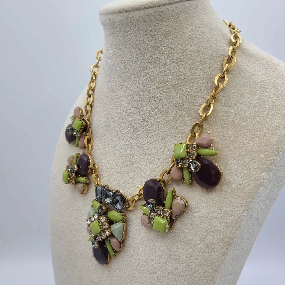 J Crew Chunky Green Brown Gray Crystal Statement Necklace